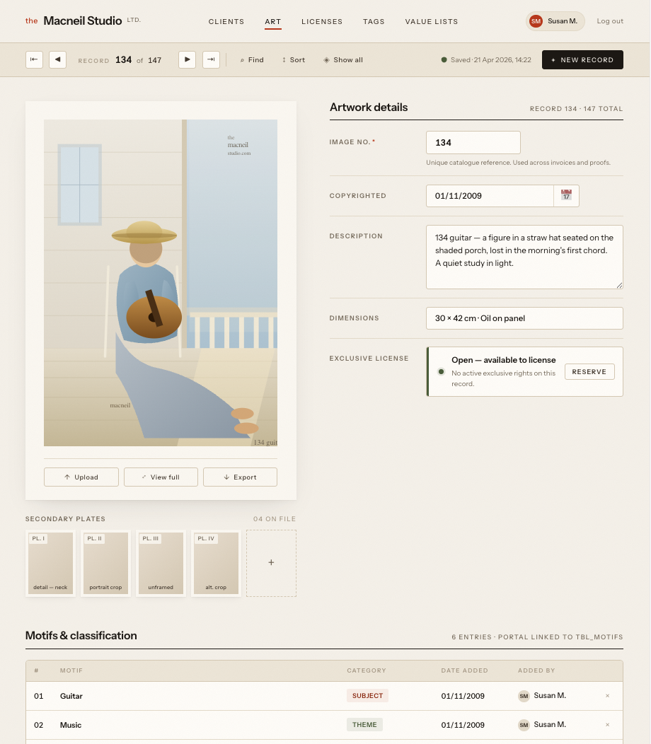 The Macneil Studio FileMaker artwork record showing image, description, dimensions and licensing status